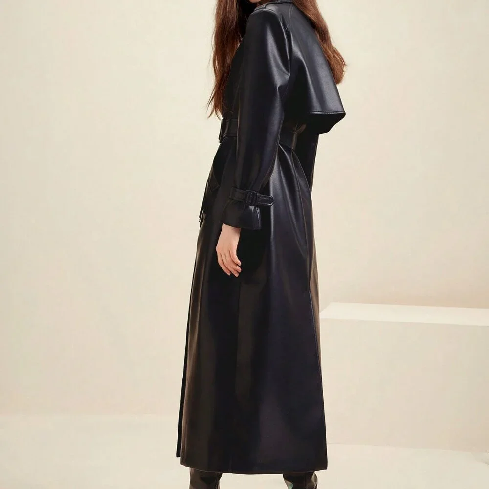 Black Elegant Women's faux Leather Jacket Trench Coat Casual Outerwear - Picture 2 of 7